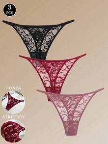 3pcs/Set Women's Low Waist Sexy Lace Thong Panties, Floral Pattern Sexy Lingerie - Multicolor - View 2