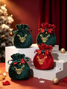 2pcs/Pack Party Gift Christmas Packaging Small Gift Small Present Drawstring Bag Candy Cookie Small Bag Flocked Drawstring Bag - View 2