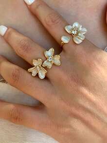Bộ 2 nhẫn ngón trỏ hoa trà 3D đính đá rhinestone màu gradient thời trang mới, thiết kế độc đáo ngách, trang sức hoa cao cấp cho nữ, phù hợp đeo hàng ngày, dự tiệc, đám cưới, quà tặng ngày lễ cho bạn bè - Bộ nhẫn hình hoa - Xem 2