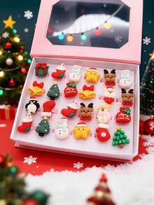 10Pcs Kids Christmas Themed Adjustable Rings, Cute Resin Santa Snowman Elk Design Finger Rings, Xmas Daily Wear For Girls (Without Box, Random Style) - Multicolor - View 2