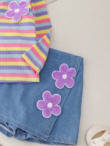 2pcs Baby Girl Cute Dopamine Style Colorful Striped Polo Collar Long Sleeve Top With Floral Applique Denim Skort Set, Spring/Autumn - Purple - View 6