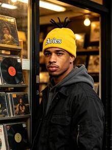 1Pc 12 Constellation Custom Knit Beanie, Unique Tentacle Design Cuffed Winter Hat, Fashion Hip‑Hop Warm Acrylic Cap For Men Gift - Yellow - View 3