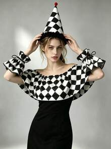 1 Set Black And White Clown Cosplay Outfit, Fake Collar, Cone Hat And Arm Warmers, Halloween Circus Ruffle Women's Party Stage Costume Accessories - A - View 3