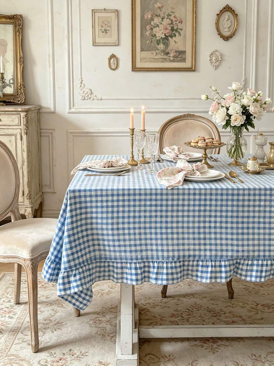 1/24 buah Taplak Meja Kotak-kotak Biru & Putih Gaya Retro Prancis, Gaya Vintage Rumah Pertanian dengan Hiasan Rumbai, Ramah Kulit, Dapat Dicuci dan Digunakan Kembali, Cocok untuk Dapur Rumah, Acara Luar Ruangan, Ruang Tamu, Ruang Makan, Pesta, Dekorasi Sehari-hari