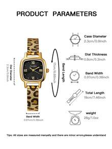 1pc Vintage Quartz Watch For Women, Featuring A Golden Alloy Case, A Small Black Dial, And A Fashionable Leopard-Print Metal Mesh Strap - Black - View 6