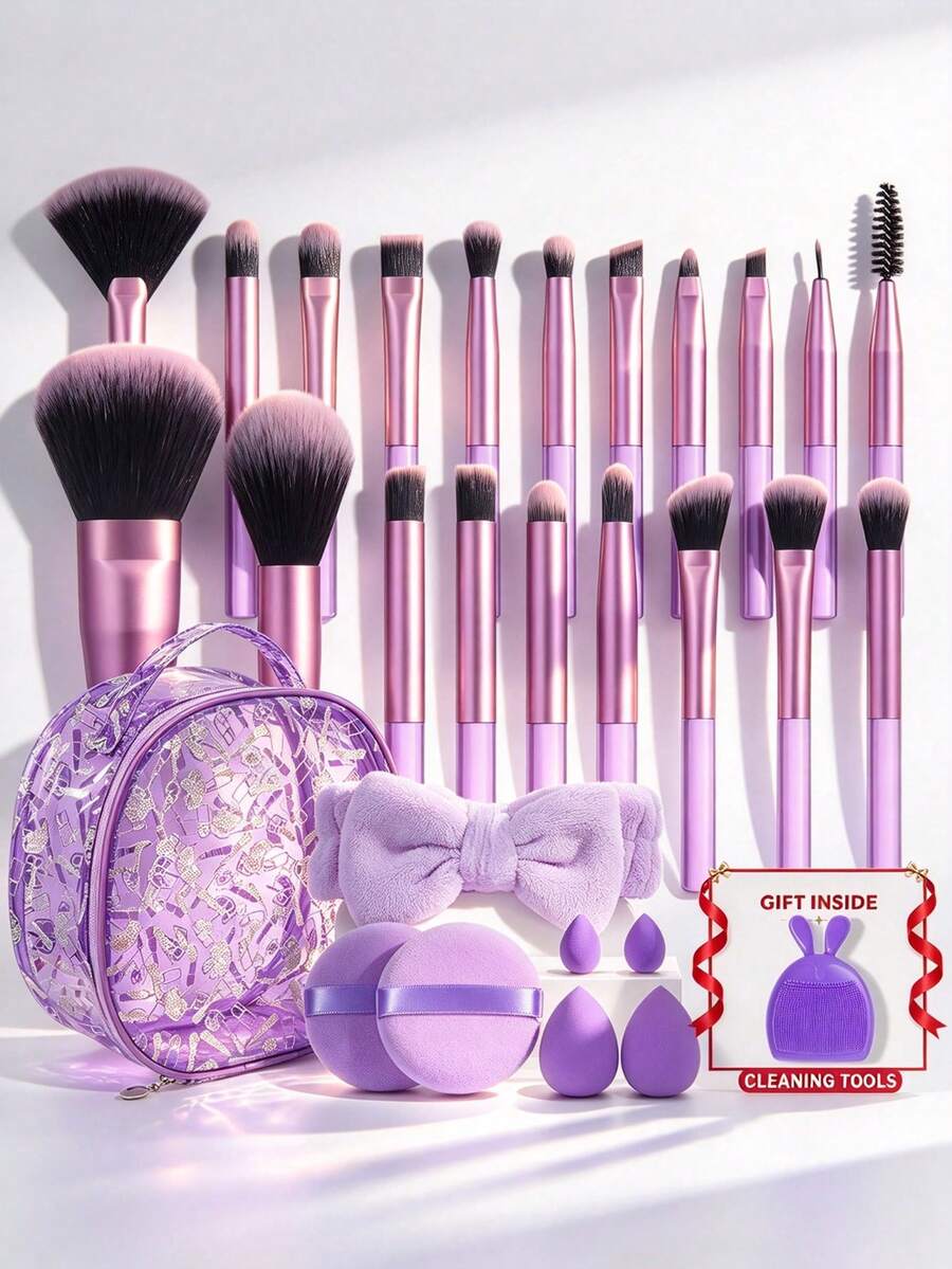 28pcs & 1pc Gift Makeup Brushes Set Powder Foundation Blush Eyeshadow Eyebrow Brushes With Makeup Sponges Round Powder Puffs Soft Bow‑Style Hair Headband Glitter Printed Round Travel Cosmetic Bag, Bonus Rabbit‑Shaped Brush Cleaning Tool Gift - Multicolor - View 1