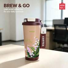 MINISO Water Cup, Coffee Cup, Simple And Elegant, 530ML Beautiful Oil Painting Tulip Pattern Coffee Cup With Straw, New Autumn Winter Insulated Model; Valentine's Day Gift. - Coffee Brown - View 4