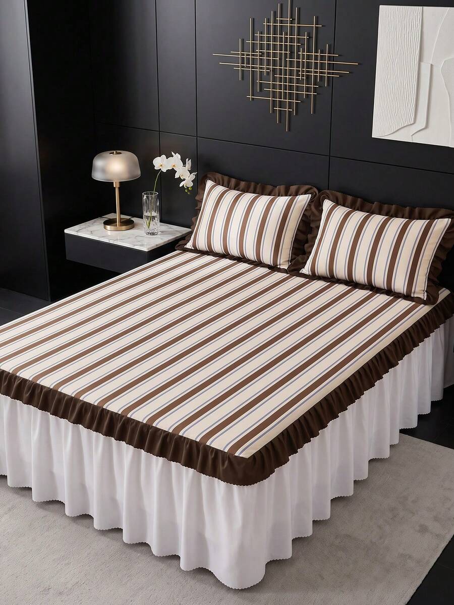 1pc Ruffle Bed Skirt, Vintage Striped Print Bedding, Bed Cover, Mattress Protector, Room Decor, Home Textiles, Soft Breathable Comfortable Lightweight, Suitable For Twin/Full/Queen/King Bed, Dust-Proof Non-Slip, All Season Use, Machine Washable
