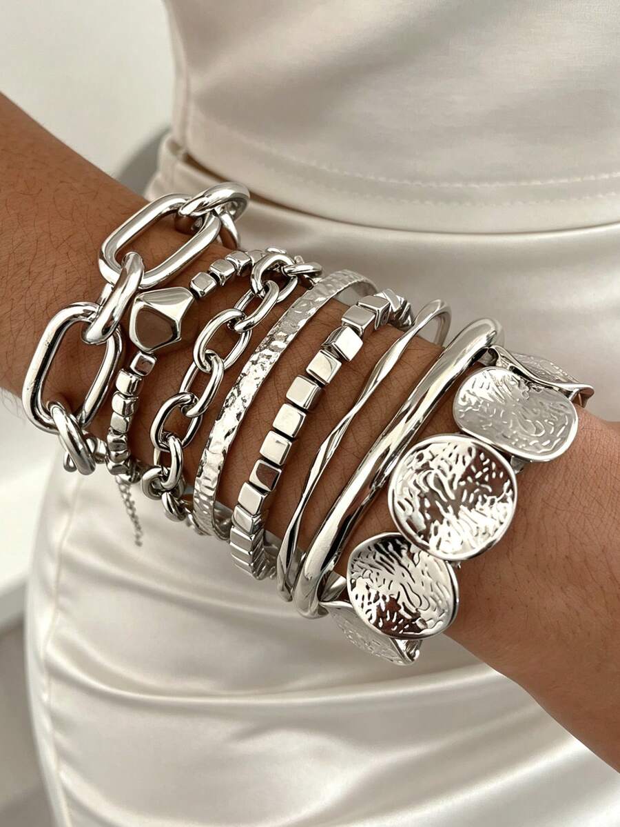 8pcs Multi-Layer Stackable Fashion Minimalist Elegant Exquisite Vintage Design Chain Square Asymmetrical Shape Beaded Round Disc Patchwork Design Embossed Texture Glossy Finish Minimalist Plain Metal Style Exaggerated Chunky Bangles Multi-Piece Set Holiday Vacation Party Date Gift Daily Commute Wear Personalized - Silver - View 1