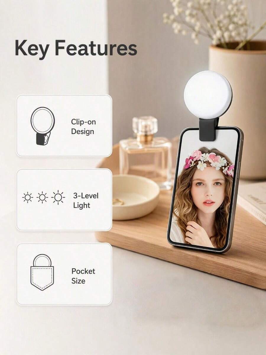 Mini Clip-On Portable Phone Selfie Fill Light, 3 Adjustable Light Modes, Rechargeable, Clip-On Phone Light, Portable Selfie Light, Rechargeable Phone Fill Light, Vlog Lighting Accessory, Live Streaming Fill Light, Travel Photography Light, 150mAh