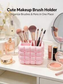 Cute Bow Puff Makeup Brush Storage Holder, Divided Compartment Cosmetic Organizer, Vanity Makeup Tool Container, Desktop Pen Cup For Students, Aesthetic Desktop Storage Box, Dresser Decor, Pretty Makeup Organizer - Multicolor - View 2