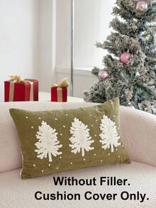 1pc Christmas Yellow Green Christmas Tree Embroidered Pillowcase, Suitable For Indoor Decoration, Christmas Decoration, All-Season Pillowcase, Without Insert - Green - View 3