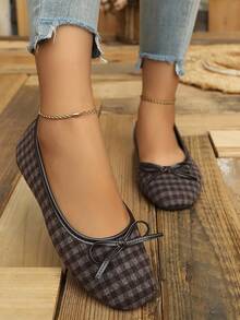 1 Pair Women's Multi-Color Square Toe Flat Slip-On Shoes With Cute Bow Decor, Comfortable Low Vamp Loafers For Office, Commute, Date And Daily Wear - Brown - View 4