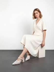 Fashion Versatile 2-Way White Snowflake Lace Mesh Double Thin Strap Pointed Toe Chunky Heel Backless Half-Sling Sandals - Beige Snowflake - View 3