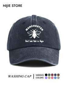 1pc Manchester Bee Don't Look Back In Anger Pattern Baseball Cap, Vintage Distressed Washed Style, Lightweight Comfortable Adjustable Sun Protection Multi-Function Baseball Cap Unisex Duck Bill Dad Hat, Suitable For Daily Outings, Outfit, Commuting, Travel, Vacation, Outdoor Activities, Trucker Hat - A - View 5