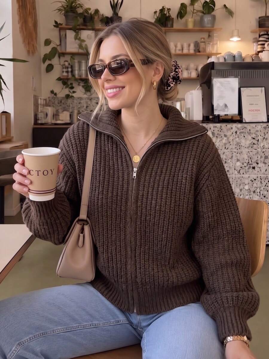 Women's Brown Chunky Ribbed Knit Half-Zip Half-High Neck Cropped Loose Sweater, Long Sleeve, Autumn/Winter Streetwear - Dark Grey - View 1