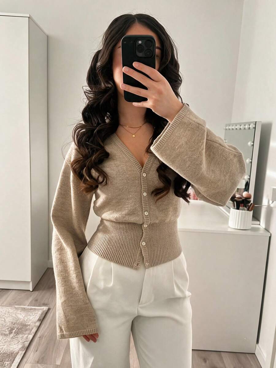 Women's Fall Winter Clothes Knit Cardigan Wide Sleeve V Neck Shell Button Top Cozy Casual Fall Layering Everyday Wear Work Coffee Run Brunch Weekend - Grey - View 1