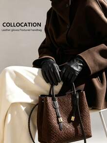 Women's Brown Funnel Neck Belted Long Sleeve Jacket With Pockets, Elegant Polyester Regular Length Autumn/Winter Fashion - Brown - View 2