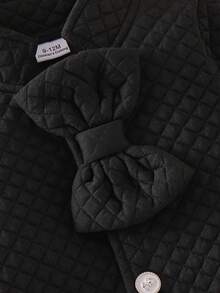 2pcs Baby Girl Simple Elegant Diamond Quilted Stand Collar Bow Cardigan Dress With Matching Beret Hat Set, Autumn/Winter - Black - View 4