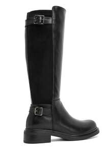 Round Toe Knee High Riding Boots For Women Double Buckle Side Zip Comfortable Low Block Heel Long Boots - Black - View 5
