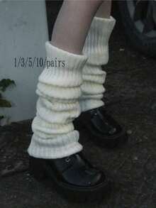 1 Pair Women's Solid Vertical Striped Warm Decorative Cute Leg Warmers, Suitable For Spring, Autumn And Winter - White - View 8