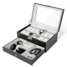 Multifunctional Watch Box, 12 Slots With Drawer Watch Display Box, Men's Watch Box With Glass Lid, Double Layer Jewelry And Watch Storage Box, Unisex, Black, Christmas Gift - Multicolor - View 6