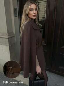 Women's Elegant Brown Cape-Style Short Jacket, Wide Lapel, Front Button Closure, Waist Tie, Cropped Jacket - Coffee Brown - View 3
