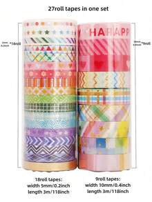 27 Rolls Rainbow Washi Tape Set, Metallic Foil & Patterned Decorative Tapes For Journals, Planners, DIY Arts, Crafts, Scrapbooking, Gift Wrapping, Back To School Essential - Multicolor - View 12