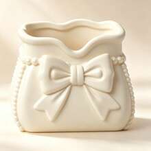 Girl's Heart Cream White Bow Handbag Shaped Makeup Brush Holder, Resin Embossed Faux Leather Texture Large Opening Vanity Brush Organizer, Desktop Makeup Tool Storage Box, Ins Style Design High-End - Butterfly Makeup Brush Holder - View 3