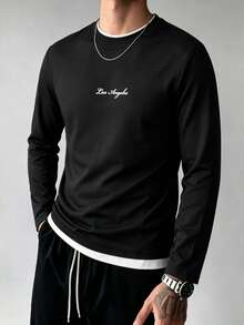 Men's T-Shirt, Autumn Style 2 In 1 Letter Print Slim Fit Regular Shoulder Round Neck Long Sleeve T-Shirt, Casual Everyday Versatile - Black - View 1