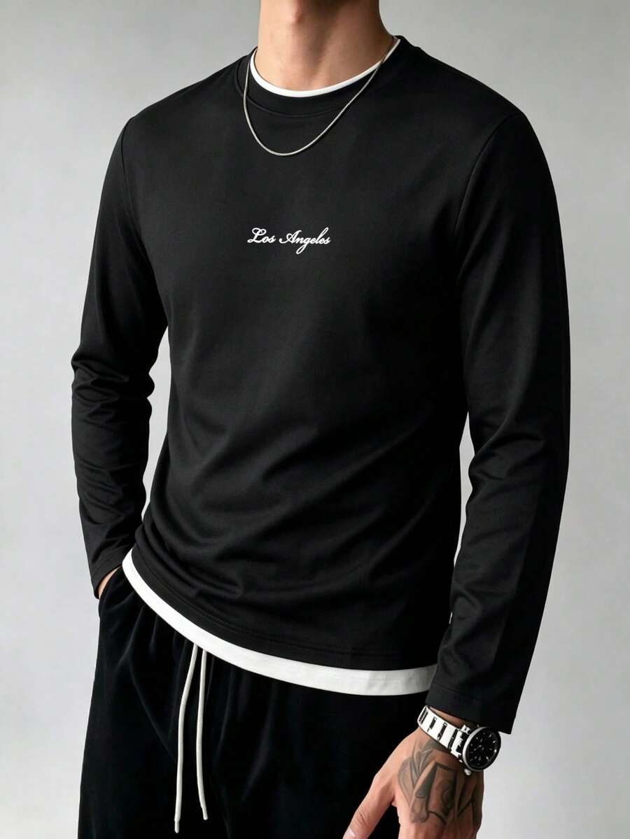 Men's T-Shirt, Autumn Style 2 In 1 Letter Print Slim Fit Regular Shoulder Round Neck Long Sleeve T-Shirt, Casual Everyday Versatile - Black - View 1