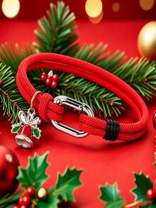 1pc Christmas Braided Rope Bracelet, Santa Claus Snowflake Bell Enamel Pendant Carabiner Wristband, Unisex Stackable Holiday Jewelry, Christmas Gift - Christmas Bracelet - View 8
