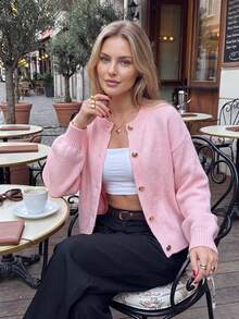 Nicenter Women's Fall Casual Wool Blend Solid Plain Jersey Round Neck Drop Shoulder Long Sleeve Cropped Button Front Cardigan Sweaters Tops Daily Fall Outfit - Pink - View 5