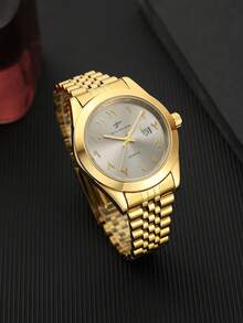 RICECGO Gold Quartz Wristwatch, Chain Band Design, Dial With Arabic Numerals And Date Display, Versatile Fashion Choice For Business And Casual Wear - Gold - View 3