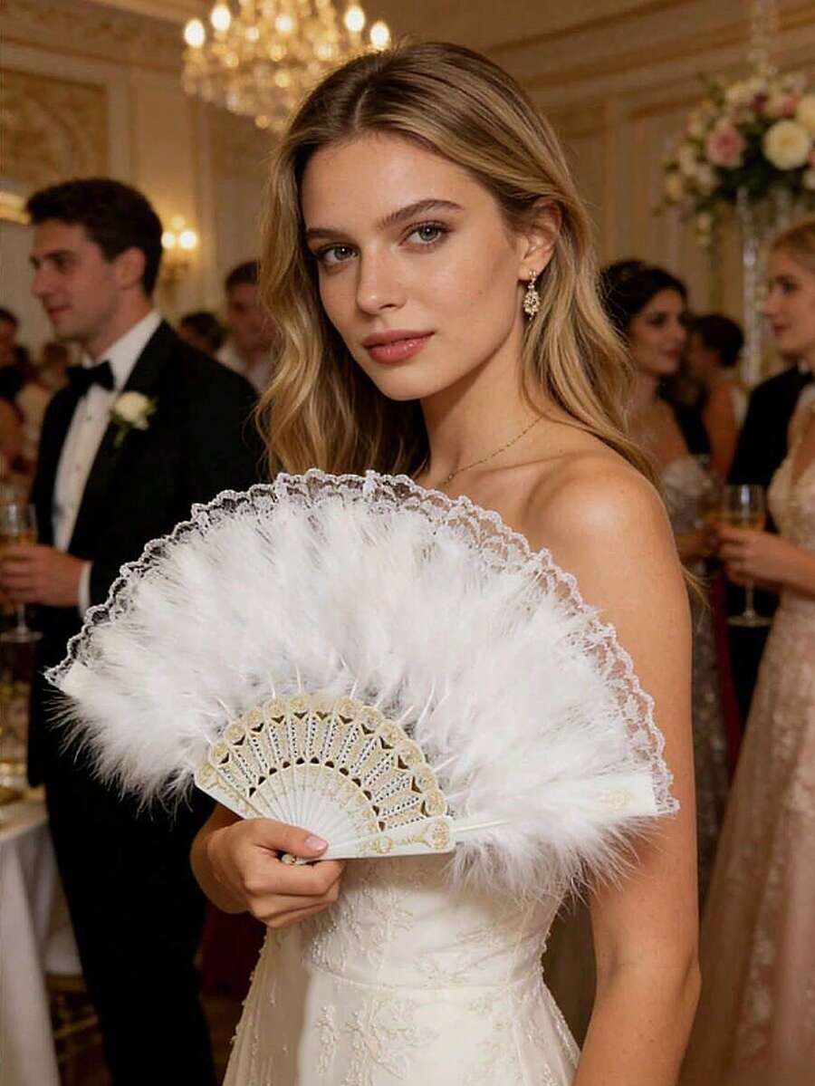 1pc Vintage Women's Feather Tassel Decorated Chinese Folding Fan, Suitable For Stage Elegant Halloween, Wedding Bride, Cosplay, Photo Props - Folding Feather Fan - View 1