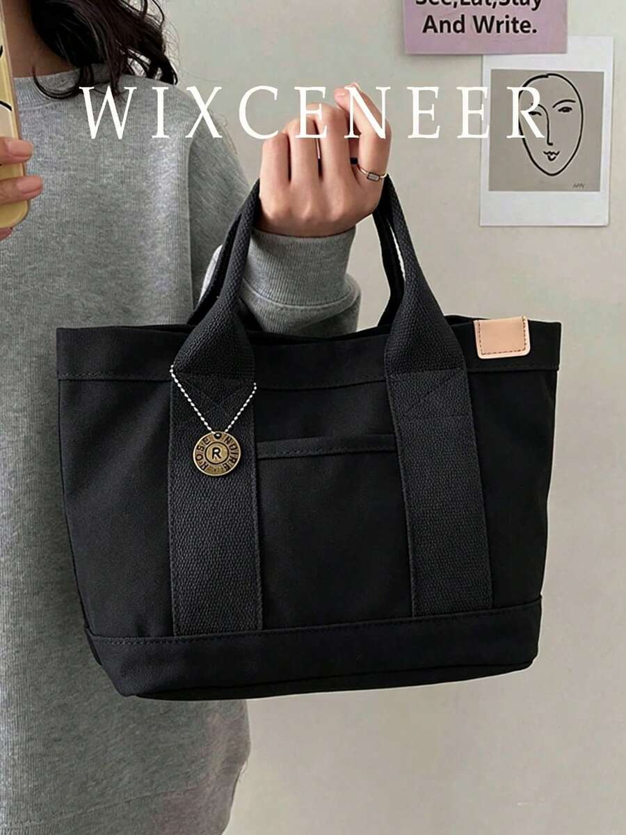 Solid Color Simple Design Canvas Lunch Bag For Women, Versatile Handbag Casual Tote Bag Simple Versatile Canvas Satchel Bag, Lightweight Zipper Handbag For Work, Portable Bag For School - Black - View 1