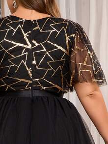 Women Plus Size V-Neck Sequins Evening Party Dress For Wedding Guest Mother Of Bridal Prom Gowns Shinning Ruffle Sleeve Formal Occassion - Black - View 8