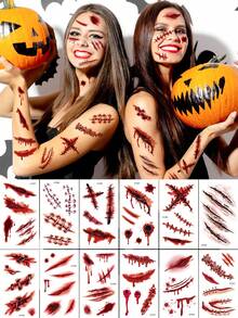 12pcs Halloween 3D Realistic Scar Temporary Tattoo Stickers, Horror Bloody Wound Zombie Tattoos, Suitable For Adult Body And Face, Costume Party Prank Makeup, Cosplay, Role Play, Party Outfits - Red - View 7