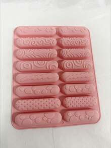 1pc 16-Cavity Strip-Shaped Cookie Mold With Different Textures, Silicone Strip Chocolate Bar Mold, Pastry Mold, Non-Stick Baking Mold, Suitable For Chocolate Bars, Candies, Pudding, Energy Bars, Cheese, Cake Decoration, Bread, Etc. - Pink - View 12