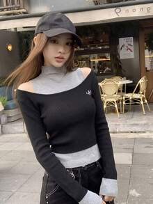 Autumn/Winter Korean Casual Y2K Pure Desire Style Women's Knit 2 Pieces Set: Mock Neck Sleeveless Long Vest + U-Neck Embroidered Long Sleeve Knit Top, Colorblock Ribbed Design, Suitable For Girls' Daily, School And Party Outfits - Dark Grey - View 5