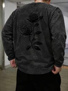 男士水洗做舊紮染長袖T恤，深黑色玫瑰背後印花，圓領寬鬆版型街頭休閒套頭上衣 - 黑色 - 查看 2