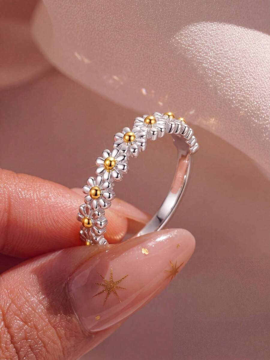1pc Vintage Daisy Ring, Women's Minimalist Silver Ring, Exquisite Jewelry, Luxury Brand