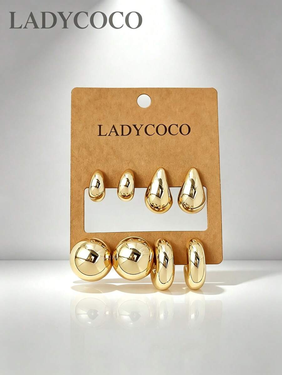LADYCOCO 4 Pairs Elegant Gold Water Drop/Geometric C-Shaped Earrings Set For Women, Suitable For Women Wear, Product Details Display In And Cm Dual Unit Sizes, Add Reference Comparison Images, Real Wearing Scene Images, Size Comparison Images Placed In First Three Images; Mark Applicable Occasions, Target Audience, Multiple Specifications Add Purchase Tips. Official Images Add Material Claims, Natural Light Real Shot Details Without Excessive Beautification. Strengthen Warehouse Inspection, Intercept Defective Products