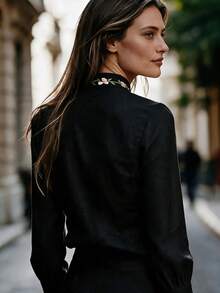 Vintage Chinese Style Heavy Embroidery Long Sleeve Half-Open Collar Women's Top - Black - View 4