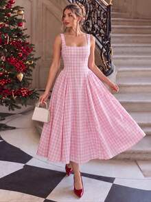 Dirp Noir Women's Elegant Plaid Square Neck Wide Strap Ruched Midi Dress, Suitable For National Day, Graduation, Back To School, Party - Pink - View 10