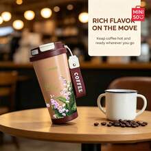 MINISO Water Cup, Coffee Cup, Simple And Elegant, 530ML Beautiful Oil Painting Tulip Pattern Coffee Cup With Straw, New Autumn Winter Insulated Model; Valentine's Day Gift. - Coffee Brown - View 3