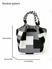 Handbag, Geometric Color Block Patchwork Body, Checkerboard Woven Handle, Metal Ring Connection, Snap Closure. Spacious Interior For Books, Tablets And Other Personal Items, Hand-Carried, Artistic Design, Suitable For Daily Use. - Black - View 6
