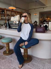Women's Blue White Raglan Long Sleeve Crew Neck Top & Wide Leg Pants Two Pieces Set, Soft Stretch Relaxed Fit Casual Loungewear Daily Wear - Blue and White - View 6