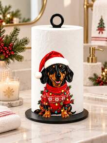 2D FLAT Christmas Decorative Kitchen Paper Towel Holder (No Power Light) - Desktop Tabletop Roll Holder (Combines Display And Storage Functions), Fun Christmas Dachshund Design, Suitable For Kitchen, Bathroom, Living Room And Dining Room, Decorative Ornament To Create A Warm Christmas Atmosphere - G - View 2