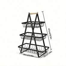 1pc Countertop Fruit And Vegetable Basket, Detachable Bowl-Shaped Storage Rack With Wooden Handle, Kitchen Storage And Fresh-Keeping Organizer, Kitchen Accessory - Black - View 3